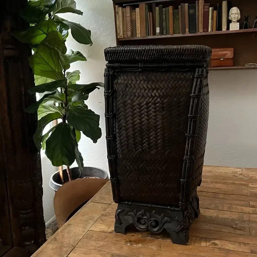 Vintage Chinese Footed Woven Rattan Storage Basket with Lid